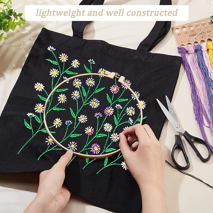 WADORN | DIY 花柄 バッグ キャンバストートバッグ キャンバス キット 刺繍 DIY刺繍キャンバスバッグキット、花柄入りブラック com: 刺繍キット Embroidery Bag Tote バッグ刺繍キット