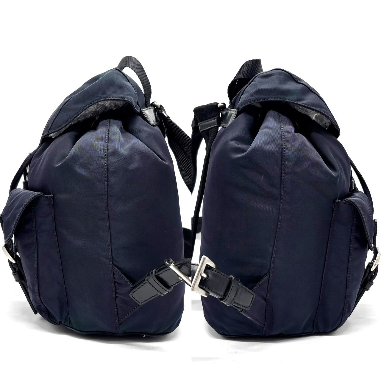 PRADA プラダ ナイロン レザー リュック バッグ 巾着 三角プレート 黒