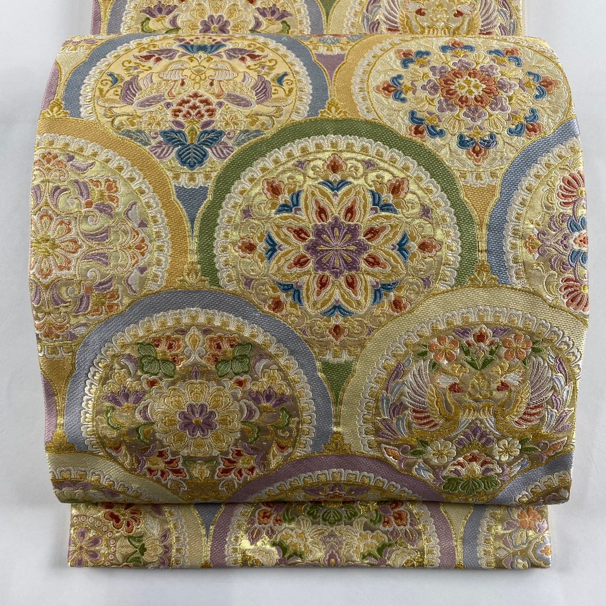 袋帯 秀品 瑞祥麗華文 花鳥 刺繍 金糸 ベージュ 六通 正絹