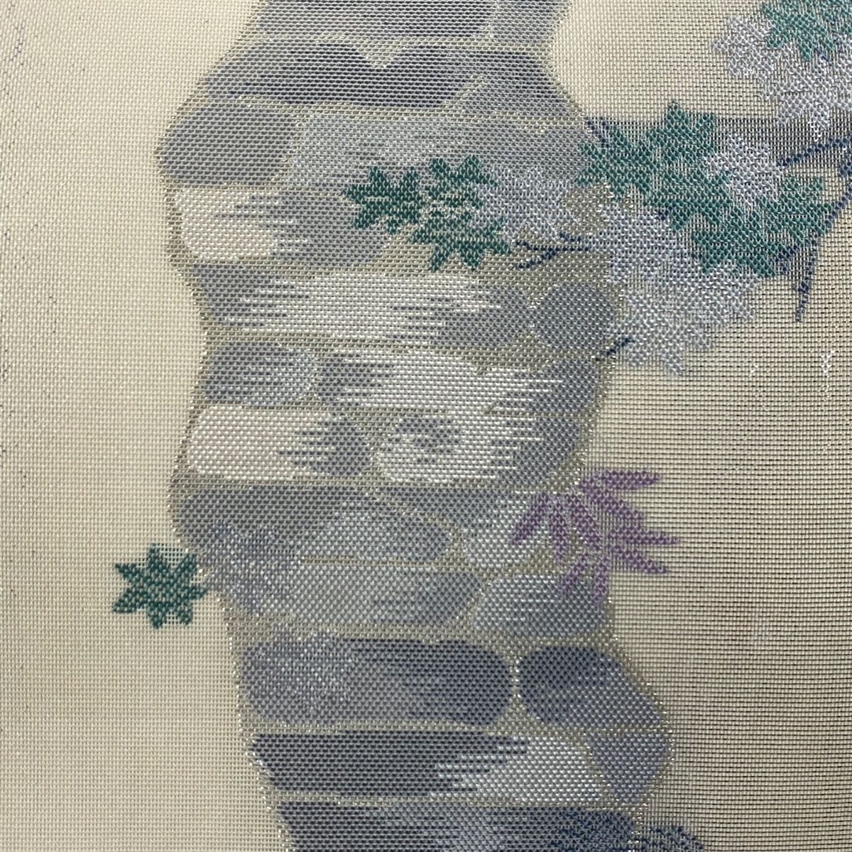 袋帯 夏帯 石畳 楓 銀糸 クリーム 六通 正絹