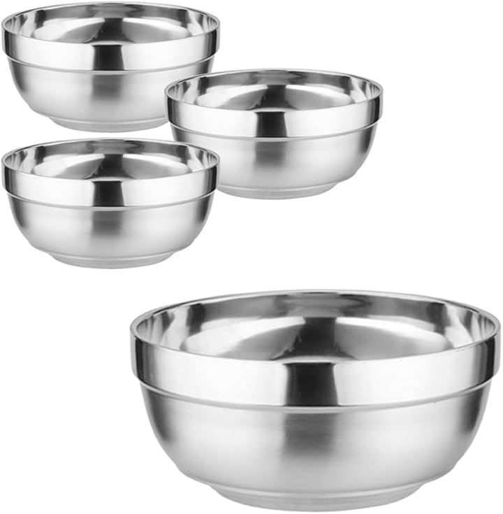 Thumbnail of Asdays Rice Bowl, Tea Bowl, Tableware, Dinnerware, Uncooling Bowl, Stainless Steel Bowl, Rice Bowl, Double Structure, Family, Banquet, Restaurant, Party, Camping (Silver, Set of 4, Diameter 14cm)