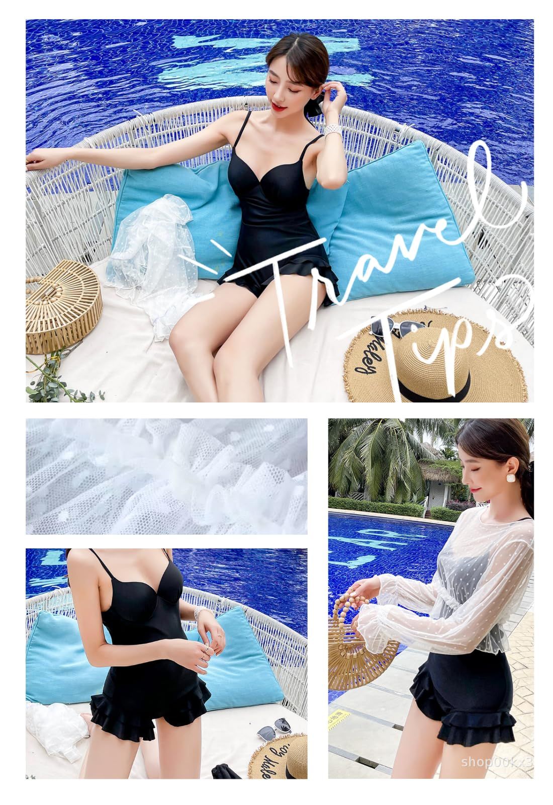 kanaelun ワンピース水着 胸パッド スパッツ付 黒 M ラッシュガード