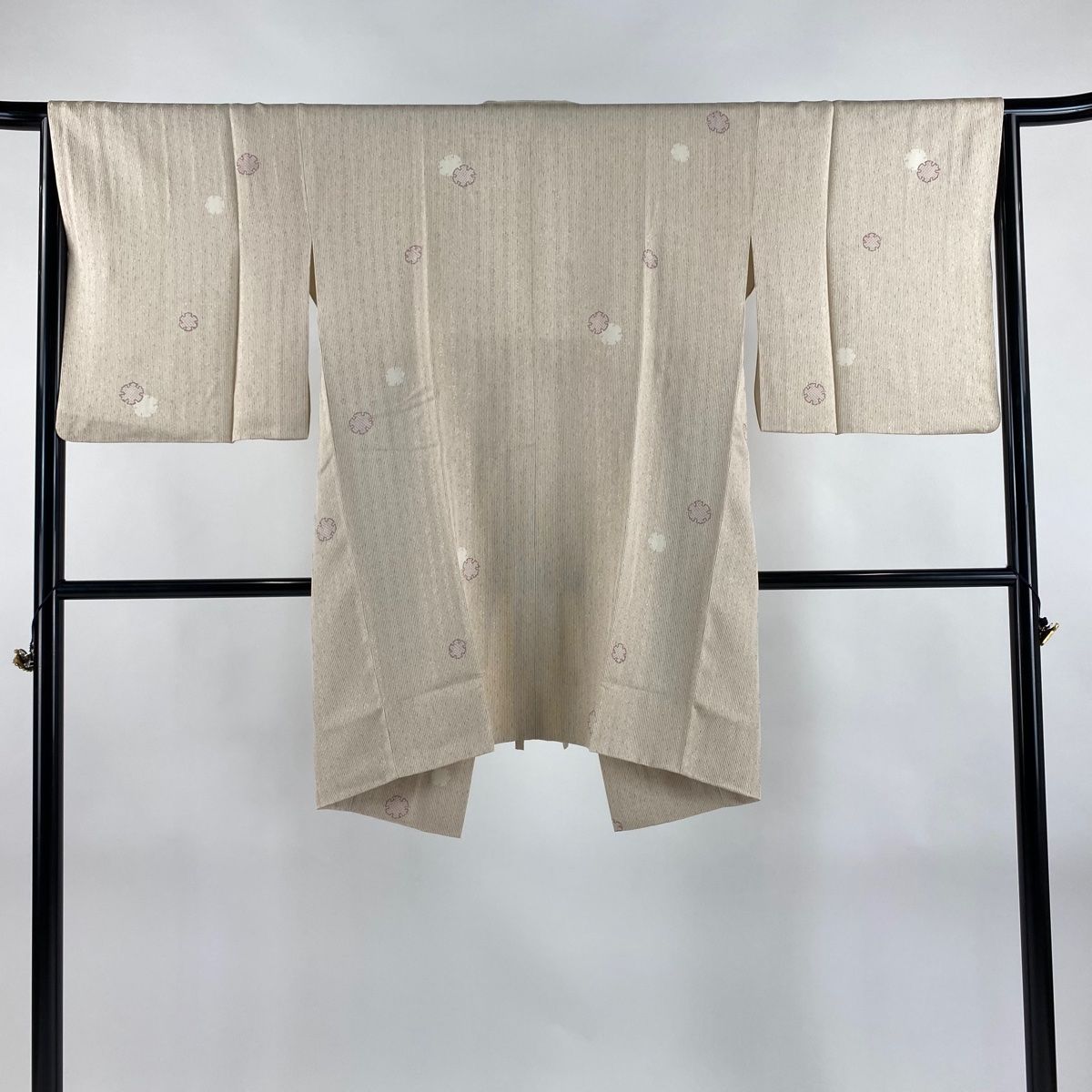 道中着 身丈93.5cm 裄丈63.5cm S 和装コート 着物衿 雪輪 縞 ピンクベージュ 正絹 秀品