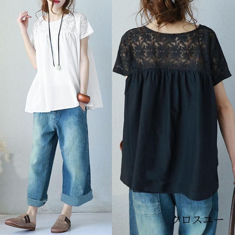 ブラウス レディース チュニック 5分袖 ギャザー トップス ボリューム袖 Tシャツ 半袖 切り替え ラウンドネック 無地 ゆったり 夏 無地 ブラウス レディース チュニック 5分袖 ギャザー トップス