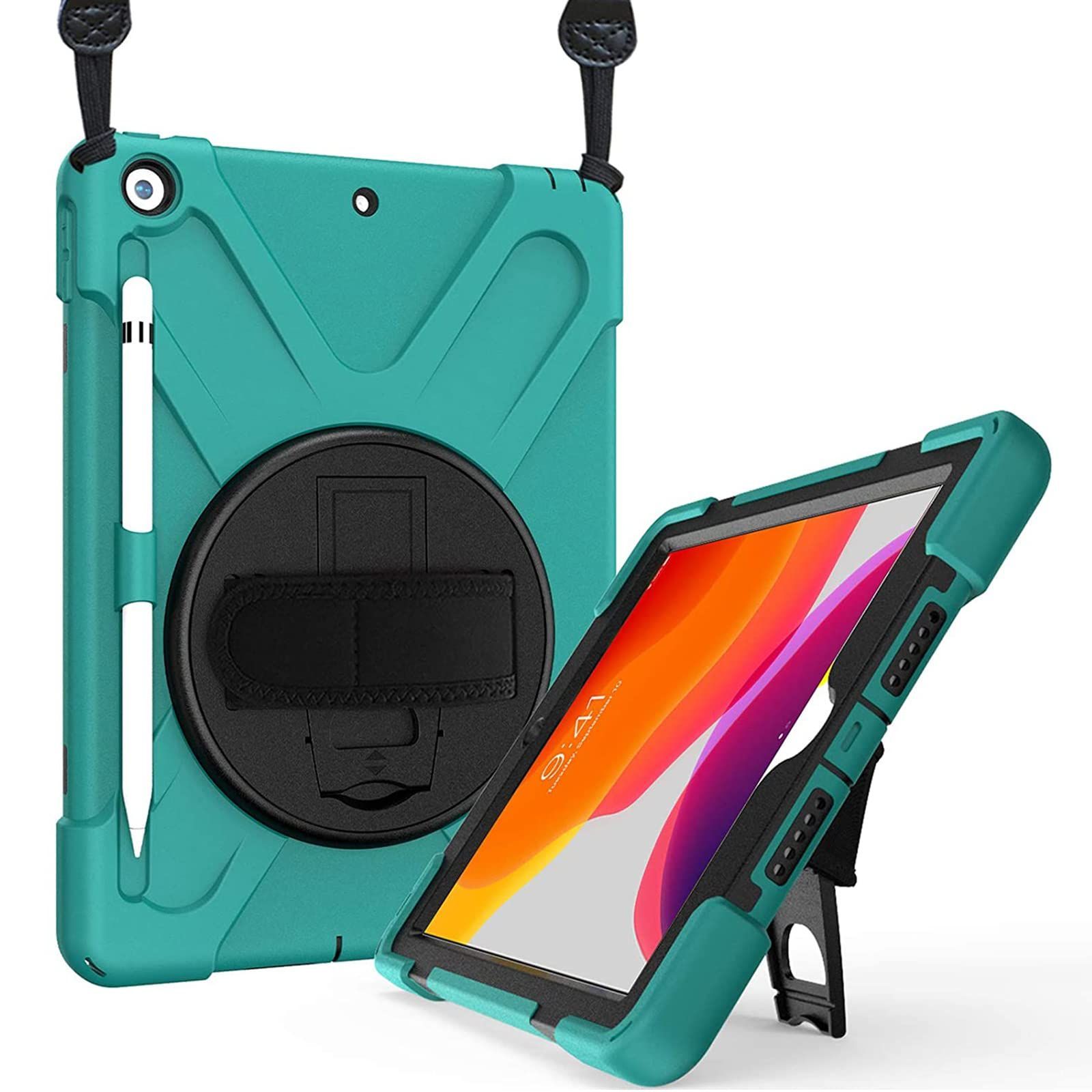 【新着商品】2019) 2020 ペン収納 耐衝撃カバー（2021 10.2”肩掛け式 360回転スタンド ショルダーケース 手首付き 9/8/7 iPad -ティール ProCase