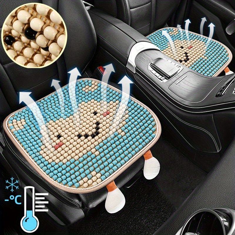 かわいい雲デザインのカーシートクッション - 夏用冷却通気性ラウンドシートカバー リサイクル木製ビーズ付き 滑り止めユニバーサルフロントシートパッド 携帯便利で簡単に洗える