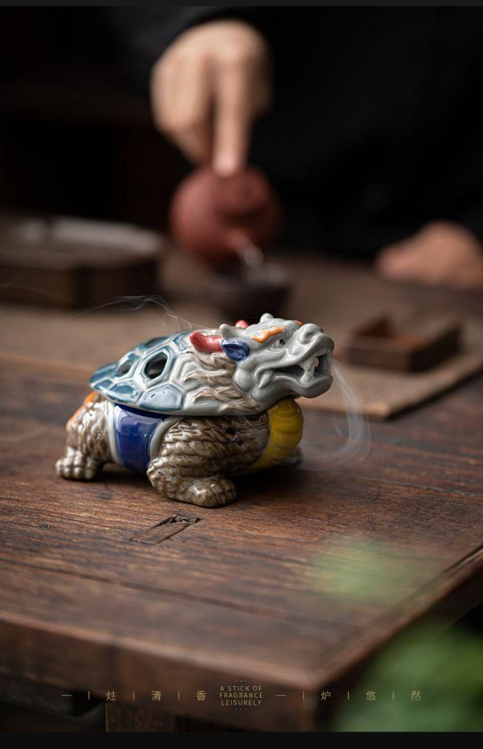 神獣 彩陶竜亀盤香炉 茶道具 香道具 工芸品 美術品 置物 銅器