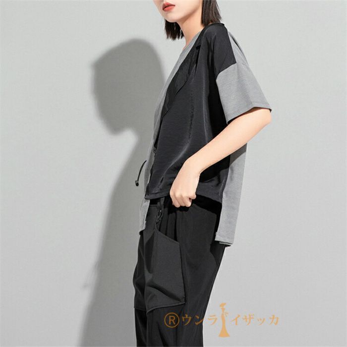 アシンメトリー Tシャツ レディース 春夏 半袖 異素材 配色 切替