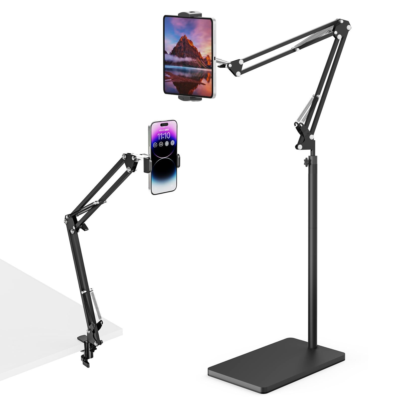在庫セール Mini Galaxy Air Pro Tab Kindle 携帯電話 4.5～13インチ に対応 タブレットフロアスタンド 5kgの安定したベースとテーブルクランプを装備 高さ調節 な伸縮アームは2つのスタンドを装備 iPhone iPad
