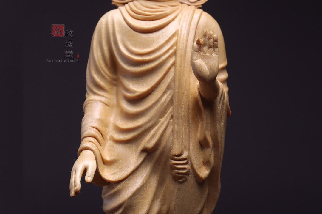 修縁堂】木彫り 仏像 釈迦如来立像 釈迦牟尼仏 彫刻 一刀彫 天然