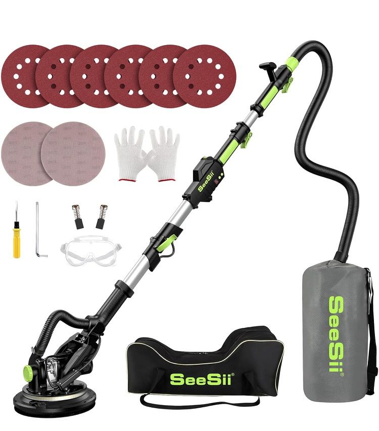 2025最新改良 SEESII 電気ドライウォールサンダー 1200W ポールサンダー 伸縮式ポール 210cm調節 6段変速 2400 RPM LEDライト付き 自動集塵システム ロングダストホース 集塵袋 6枚のサンドペーパー 2枚の無塵サンドペーパー