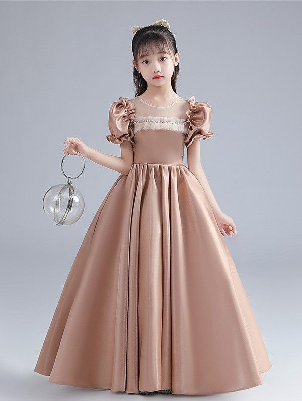 限定SALE，お得 キッズドレス 結婚式 子供 半袖 フォーマル パーティードレス ピアノ発表会 ボリューム袖 レトロ風 ドレス ロングドレス ラウンドネック ファスナータイプ シンプル 袖あり パフスリーブ パ ドレス