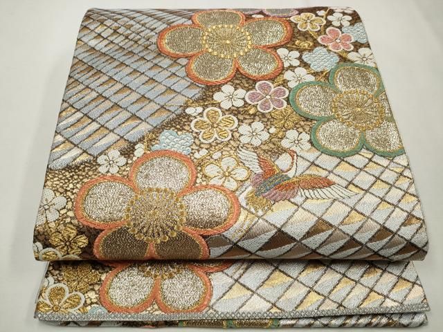 平和屋着物◎佐賀錦 両面 六通柄袋帯 飛鶴毎梅文 金銀糸 正絹 逸品