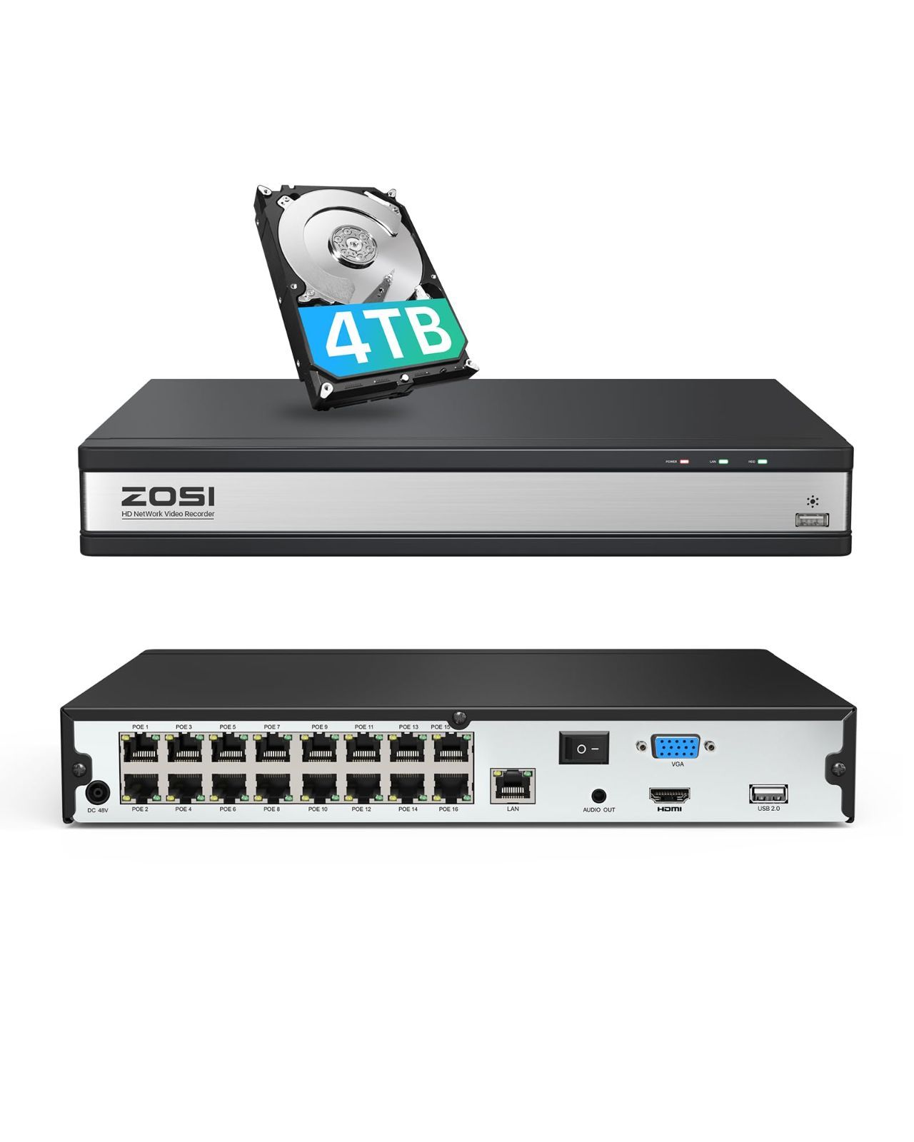 ZOSI 防犯レコーダー 16ch 4tb hdd 800万画素 poe防犯レコーダー NVR ネットワークビデオレコーダー H.265+ ai人体  ai車両検知 ai顔検知 動体検知 遠隔操作 スマホ/PC対応 アプリ警報 メール通知 録画録音 zosi 防 専用 NVR