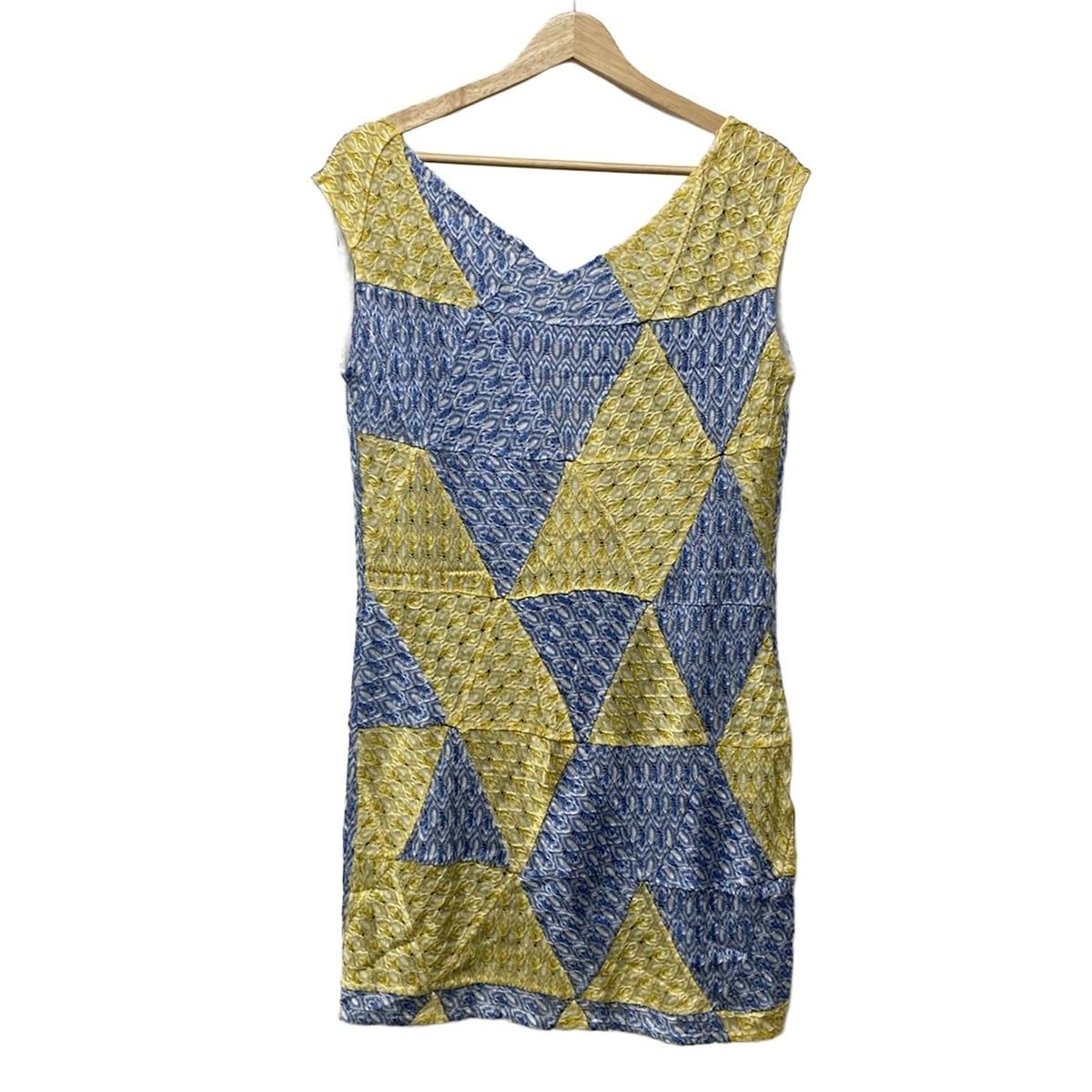 ミッソーニ MISSONI 半袖ワンピース Vネック 42 総柄 MISSONI(ミッソーニ) ワンピース サイズ42 M レディース美品 - ブルー