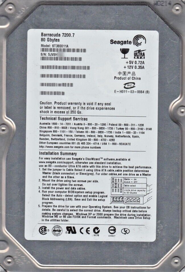 80GB IDE Seagate Barracuda 7200.7 ST380011A P-ATA 2MB HDD 3.5 ハードドライブ