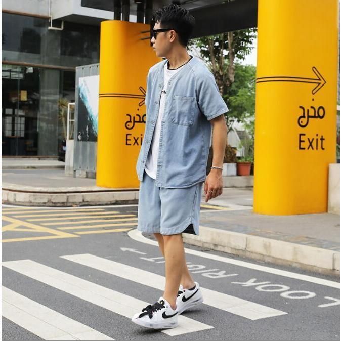 半袖デニムシャツ 上下セット カジュアル ハーフパンツ デニムセット メンズ 夏服 2点セット 上下セット セットアップ