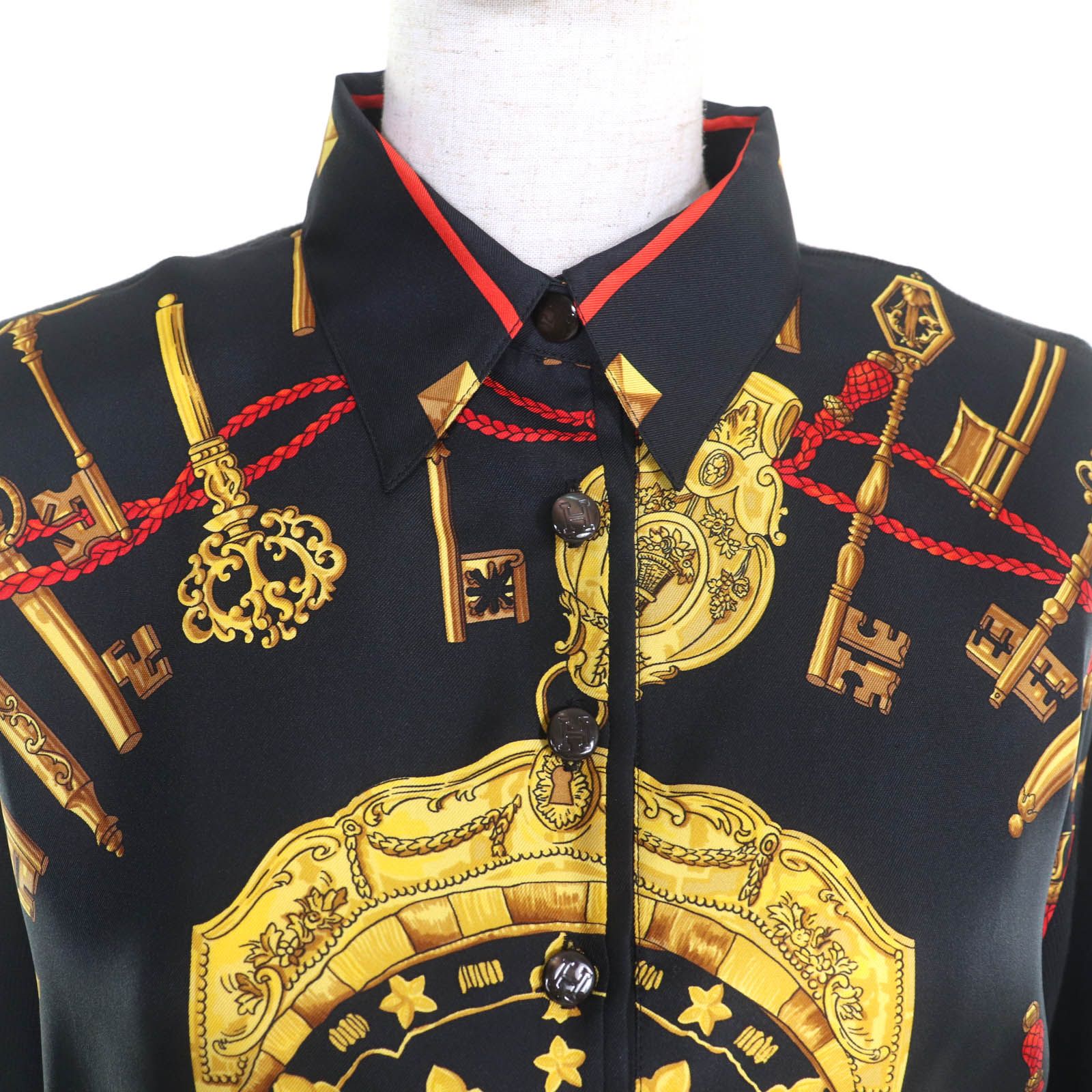 HERMES エルメス LES CLES THE KEYS RARE シルク カシミヤ混 ツイルレーヌ 長袖ポロシャツ ブラック M イタリア製 正規品 レディース VIDAFM_ORG