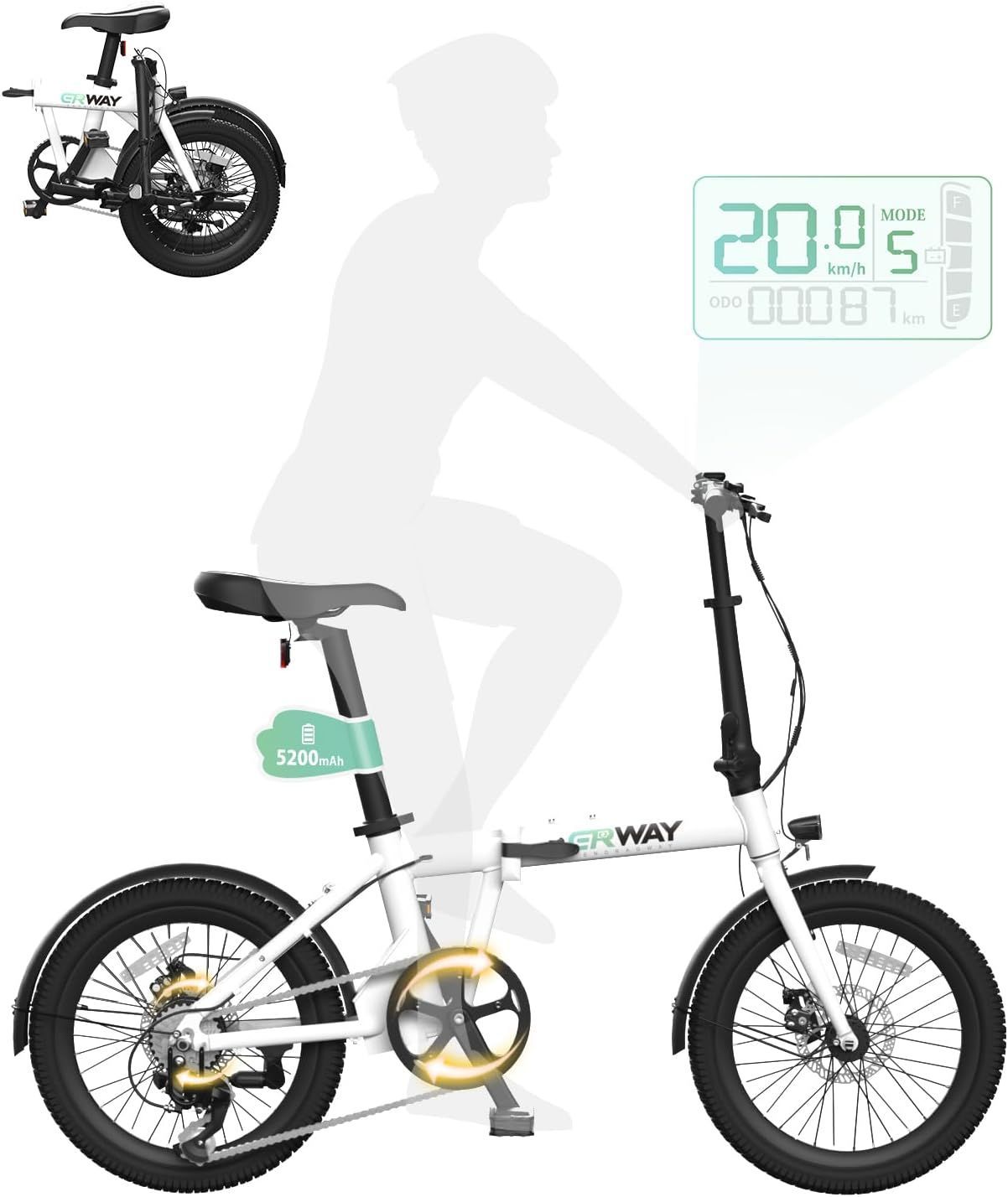 【極美品】 Endragway 電動アシスト折りたたみ自転車 20インチ最大110km走行可能 軽量 シマノ製7段変速ギア 5段階モード  ERWAY-A01 ホワイト K0315 0321ML003 0120240318100426
