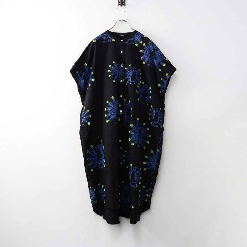 マーブルシュッド marble sud EMB Peacock クジャク 刺繡 フレンチスリーブバンド シャツワンピース ブラック 2400014401448