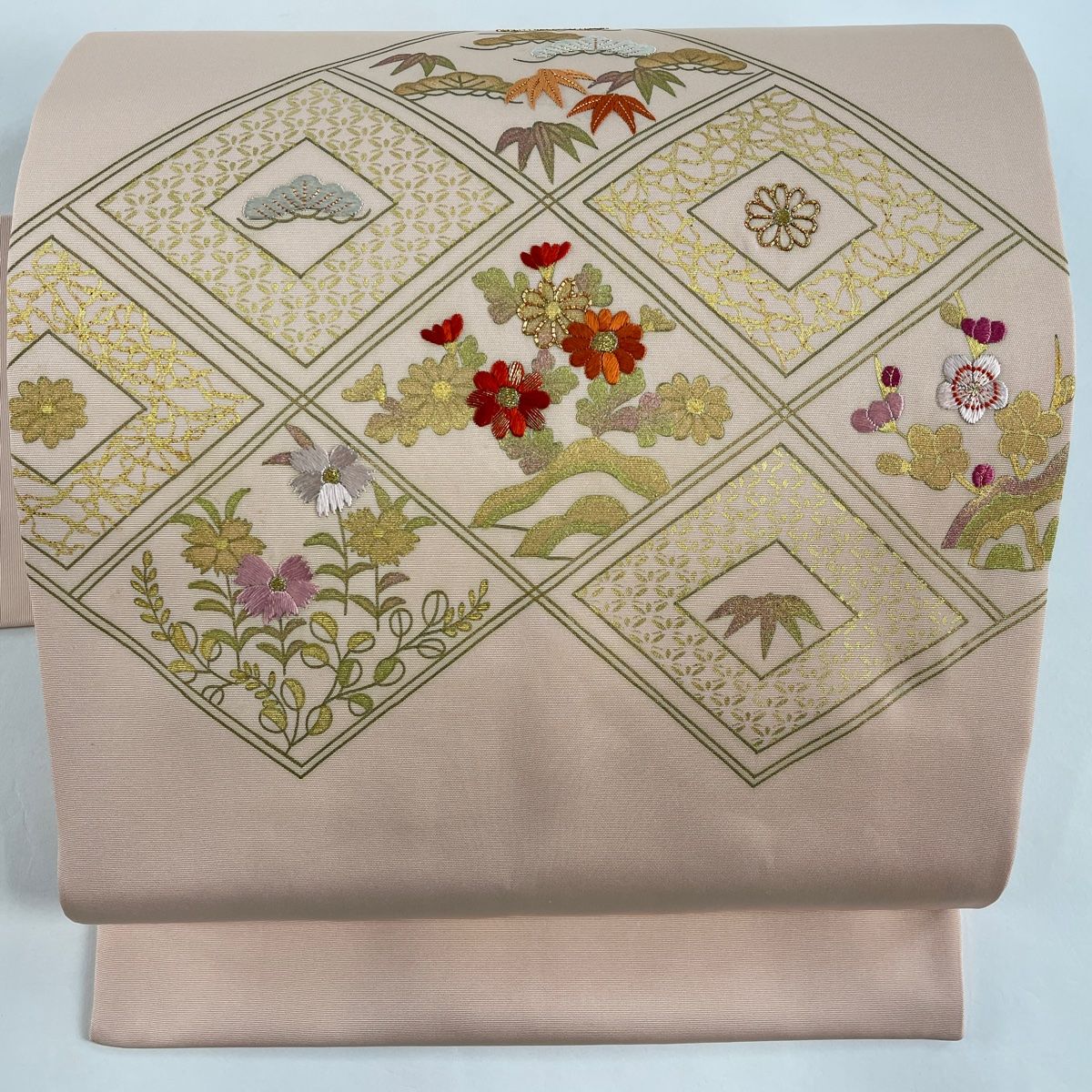 名古屋帯 秀品 松竹梅 菊 金糸 金彩 ピンク 正絹 【中古