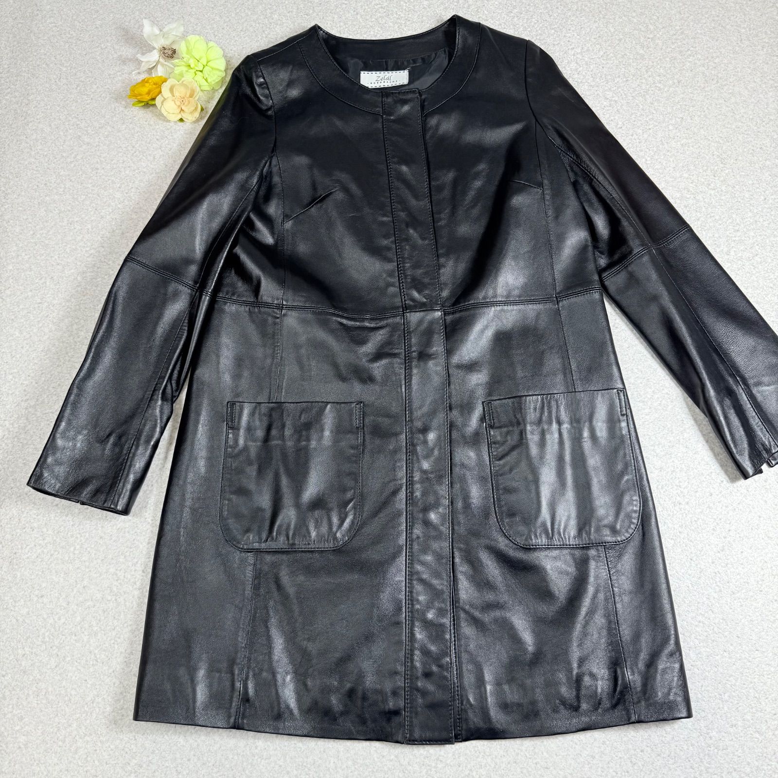 美品✨Zelal ラムレザー ロングコート 羊革 グレージュ Aライン L モトマチゼラール 元町ゼラール 撥水/防風2WAYコート/ロングジレ