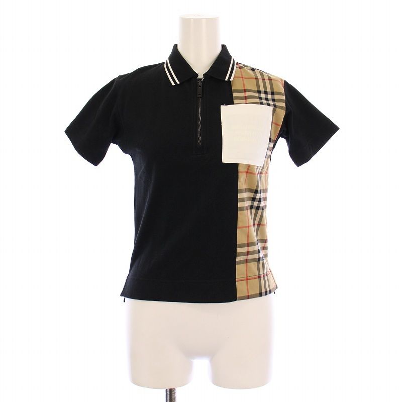 バーバリー BURBERRY polo shirt ポロシャツ 半袖 レギュラー ハーフジップ ロゴ ノバチェック 鹿の子 切替 8Y 黒 ブラック ベージュ 8042316 |BB