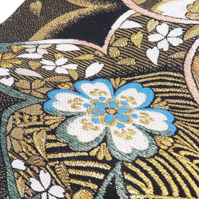 A13 美品 未使用振袖用袋帯 ゴールド 金糸 蝶花模様 袋帯 螺鈿箔