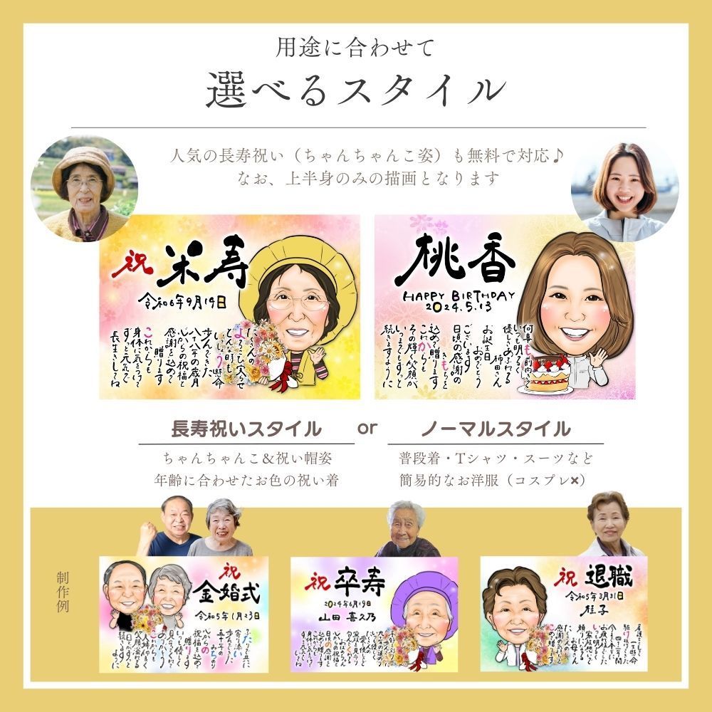 似顔絵オーダー　似顔絵　A4サイズ　8名様　卒寿 似顔絵 メッセージ 名前詩 ｜ A4サイズ・額縁なし ｜ 名前入り