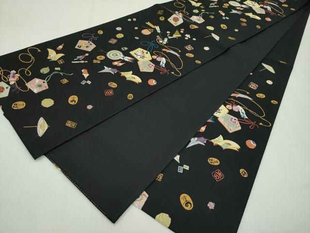 平和屋本店□極上 六通柄袋帯 唐織 市楽 りんごの想いで 黒地 逸品 未