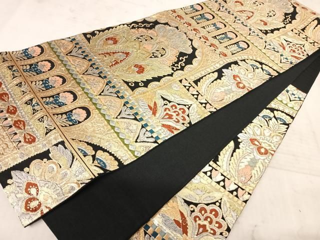 平和屋着物◎六通柄京袋帯 更紗花文 黒地 金銀糸 正絹 逸品