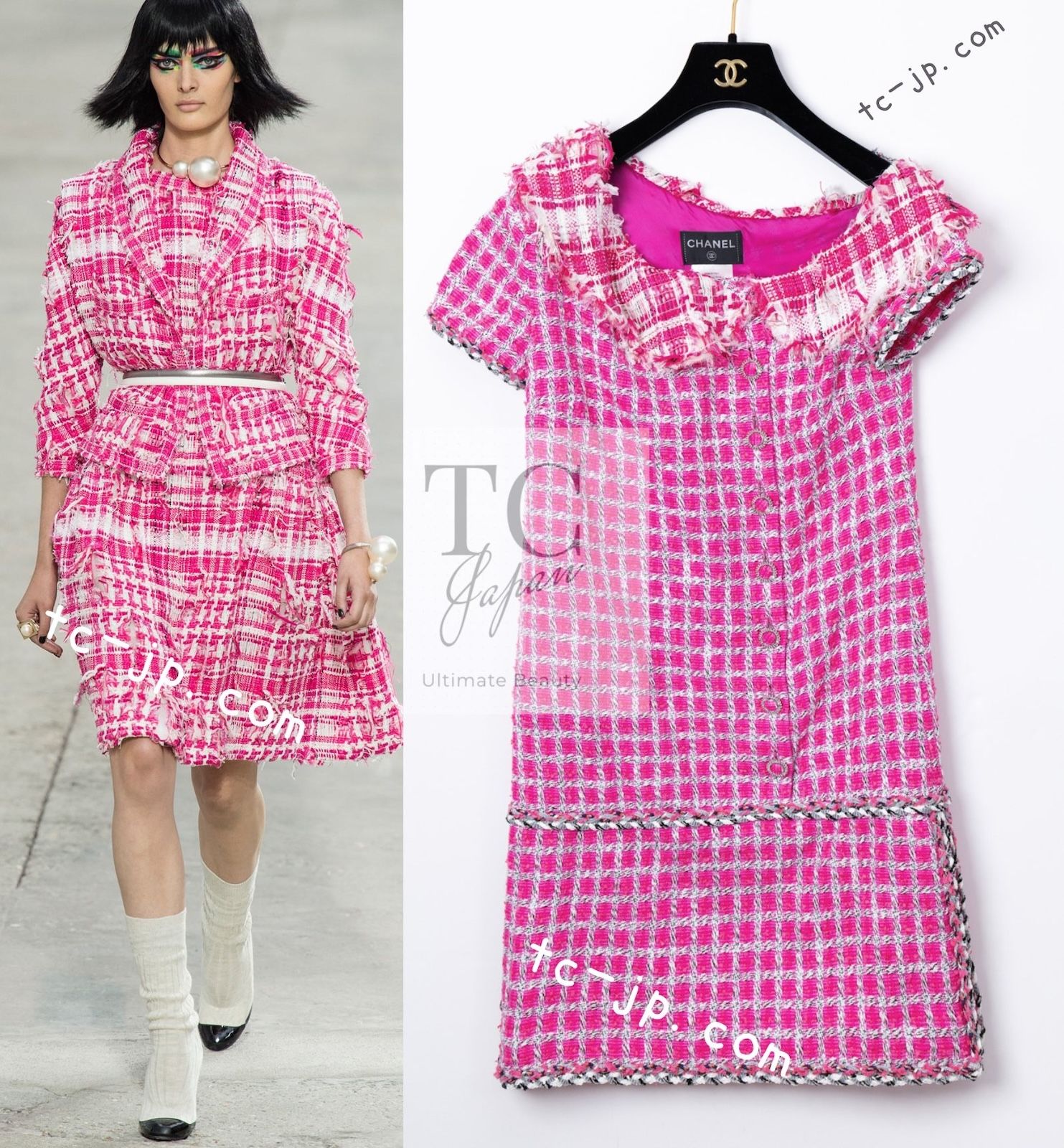 シャネル ワンピース CHANEL ピンク ホワイト メタリック トリム 