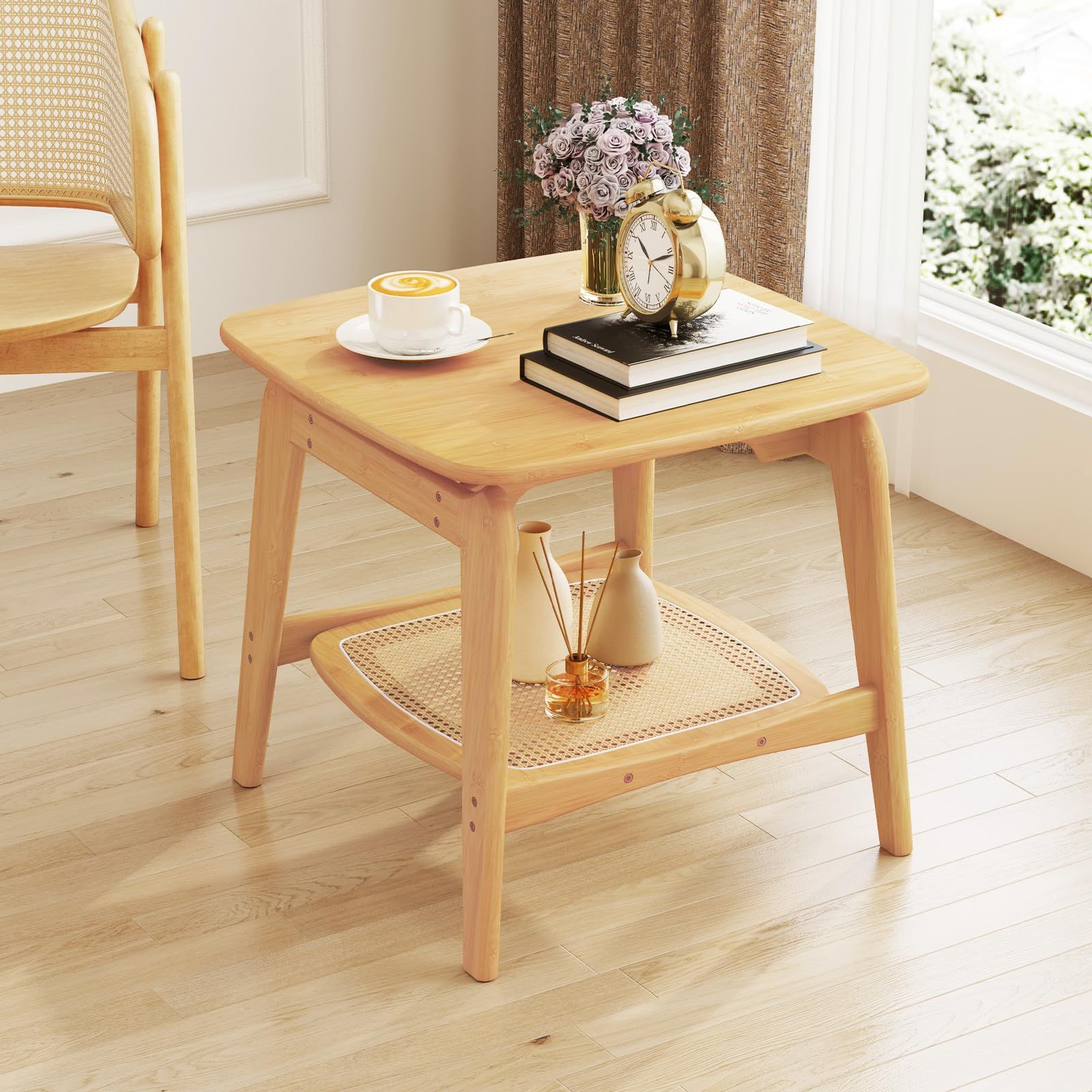TANGKULA サイドテーブル 竹製 ラタン風 2段収納 ナイトテーブル ソファー横 リビング 寝室 玄関 北欧 おしゃれ 小物置き 小さめ 省スペース インテリア シンプル 組立簡単 頑丈
