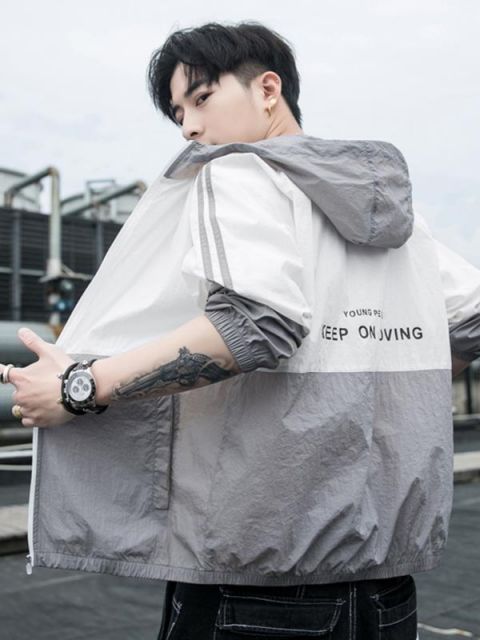 種類43：L は約 100 ポンド /P：カラーマッチングブラック メンズ ファッション 服 男性用 オシャレ シンプル 大人 かっこいい 大きいサイズ ストリート 紳士服 夏 日焼け防止 ジャケット 抗UV 