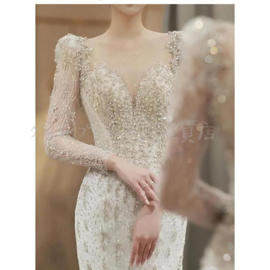 ウェディングドレス マーメイドドレス 長袖 背開き トレーンドレス 花嫁ドレス 結婚式ドレス キラキラ 素敵 キレイめ 感 海外挙式 披露 MAAHADDERANG_COM