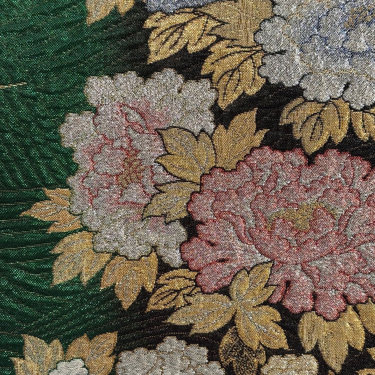 新品　正絹袋帯 　オシドリと牡丹　金糸使用 24K純金箔 九百錦 鴛鴦 オシドリ 牡丹 袋帯 金糸 黒 176