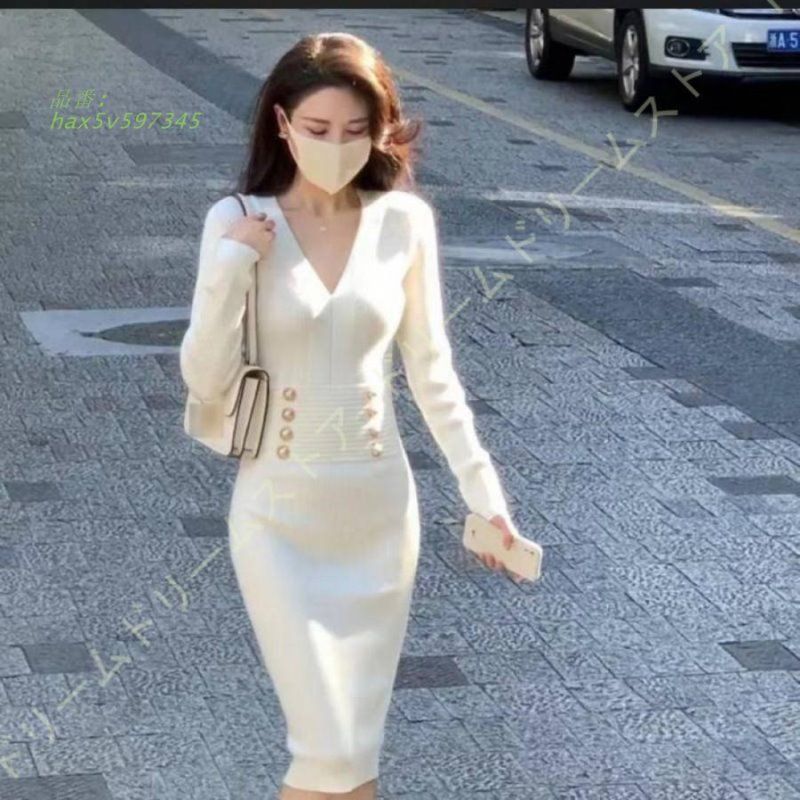 ワンピース レディース 長袖 Vネック ロング ニット ミモレ丈 上品 厚手 ニットワンピ 膝丈 ニットワンピース 着痩せ 通勤 無地 秋冬 インナーワンピース hax5v597345