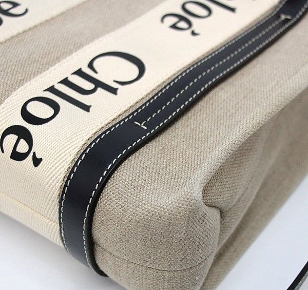 美品Chloé トートバッグ ベージュ/ブラウン キャンバス Chloe クロエ ウッディ スモールトートバッグ ベージュ/ブラウン