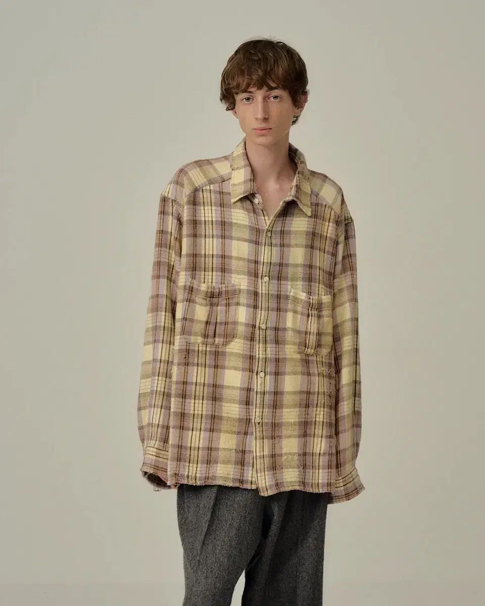 アンセルム ネル CHECK オーバ ウォーカーシャツ アイボリー 2サイズ