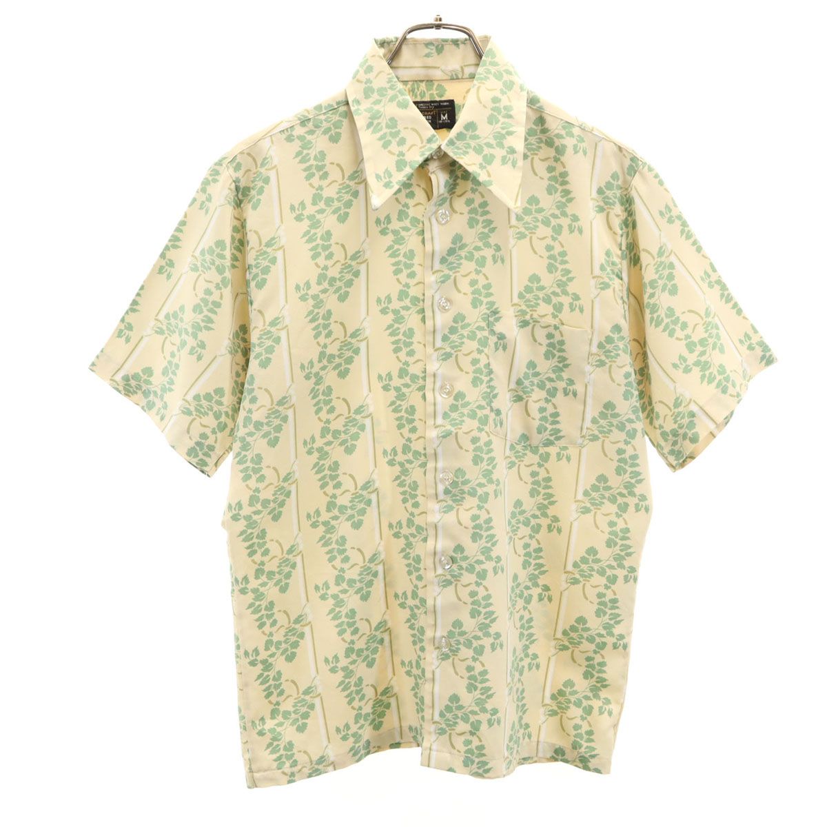 TOWNCRAFT タウンクラフト 70s ヴィンテージ 衿芯 総柄 半袖 ボックスシルエット シャツ M ベージュ×グリーン メンズ 古着