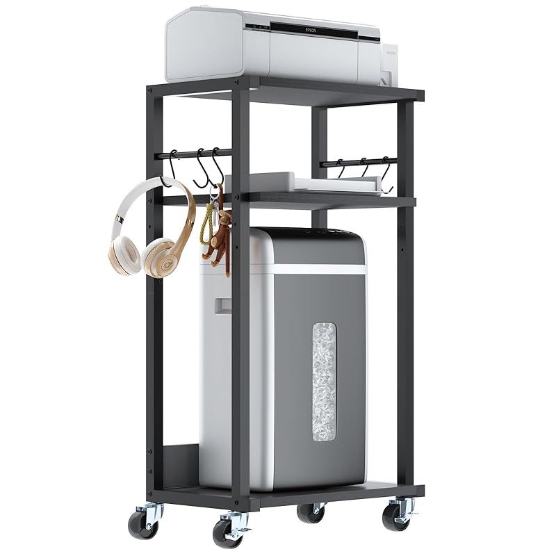 YMYNYモバイルプリンタスタンド 3段プリンタテーブル 木製ラック付きカート 落下防止パネル 高さ調整可能 プリンタキャビネット 360回転キャスターと調整可能な足付き収納棚は ホームオフィ