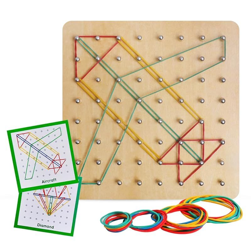 ラバーバンド付き木製ジオボード グラフィカル数学パターンブロック ジオボード - モンテッソーリ教育玩具 パターンカードとゴムバンド付き 図形を作る  STEMパズル マトリックス 頭の体操 0 - メルカリ