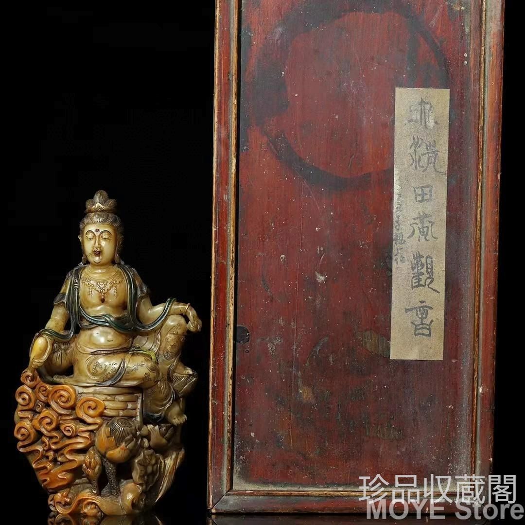 中国古美術 観音福 坐像飾り 観音仏像 き 寿山石田黄手彫り 文房具