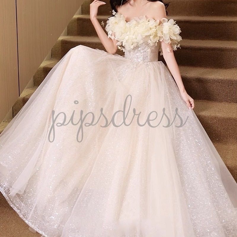 訳あり フラワー刺繍 チュール ロングドレス L オフショルダー スパンコール グリッタードレス 演奏会 発表会 結婚式 前撮り