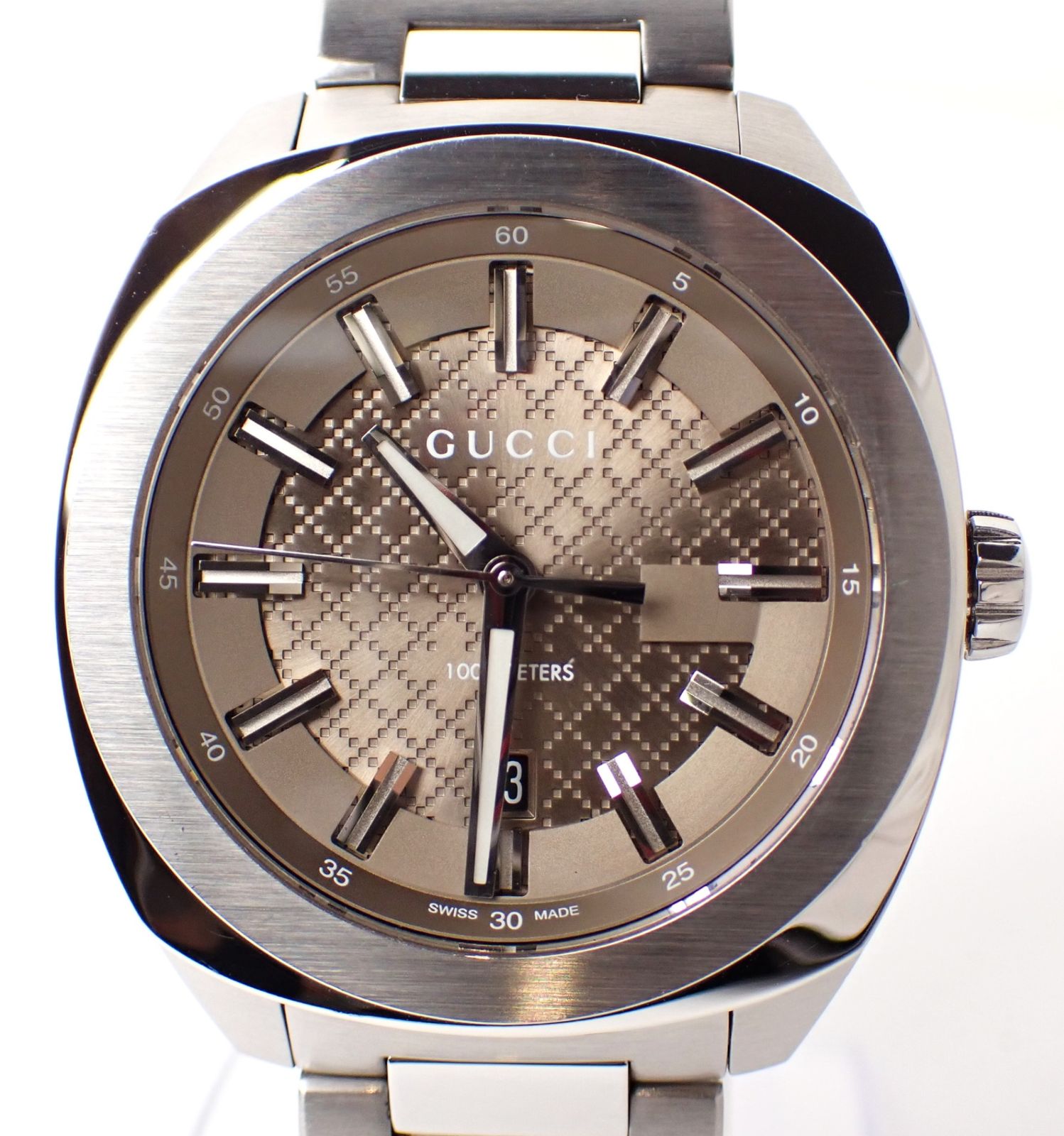 定価13万 GUCCI グッチ Gタイムレス YA142315 142.3 SS QZ クォーツ ブラウン文字盤 き メンズ ブランド腕時計