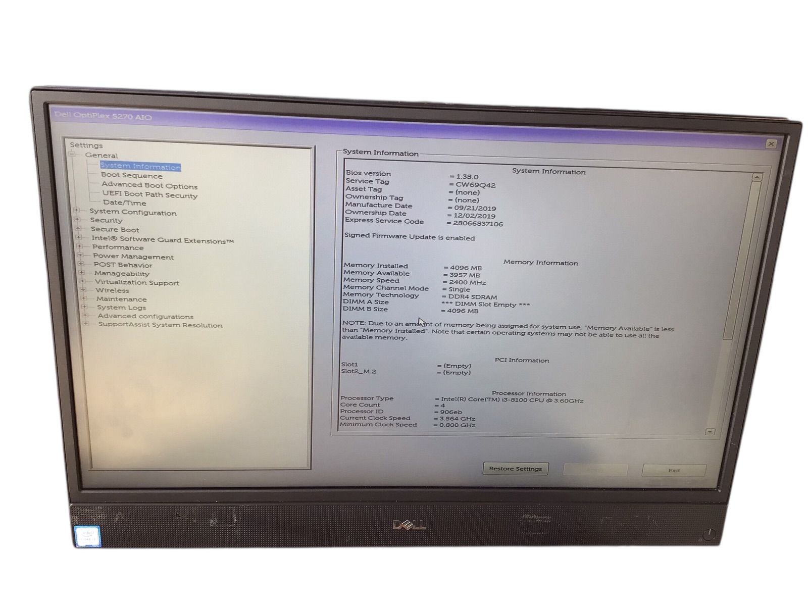 DELL OptiPlex 5270 AIO| CPU CORE i3-8100| メモリ4096MB| ストレージ無し番号E13