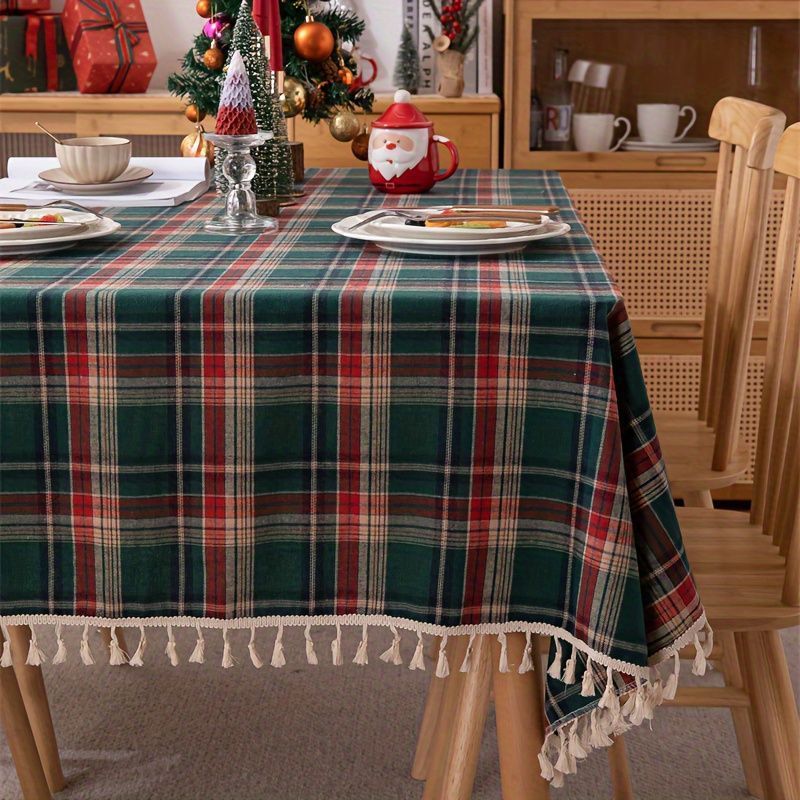 テーブルクロス タッセル クリスマス グリーン チェック 長方形 テーブルカバー ホリデー デコレーション