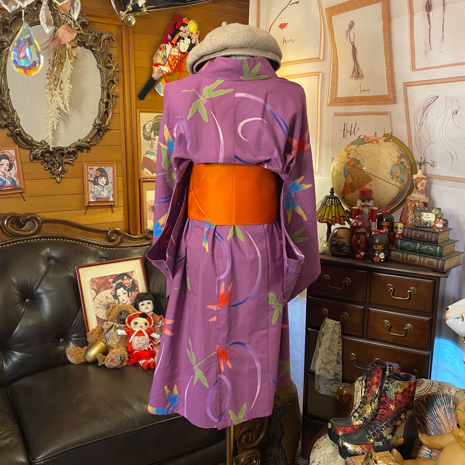 浴衣リメイク ミニミディワンピース ドレス 帯サッシュベルト 和洋折衷 レトロ 古着 ハンドメイド 空を泳ぐ、とんぼの絵巻 W-528 浴衣リメイク ミニミディワンピース ドレス 帯サッシュベルト 和洋折衷