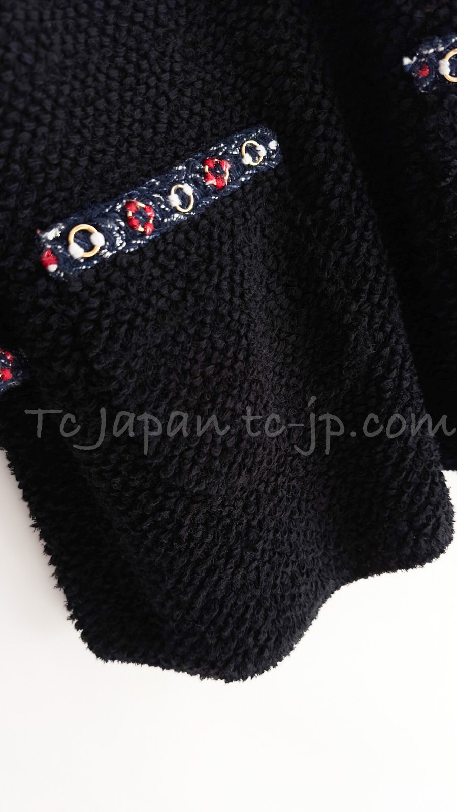 CHANEL - 63万 シャネル CHANEL ブラック トリコロール コットン リング トリム 肉厚 ニット トップス チュニック セーター 美人見え 42 44 CHANEL - 63万 シャネル CHANEL ブラック トリコロール コットン