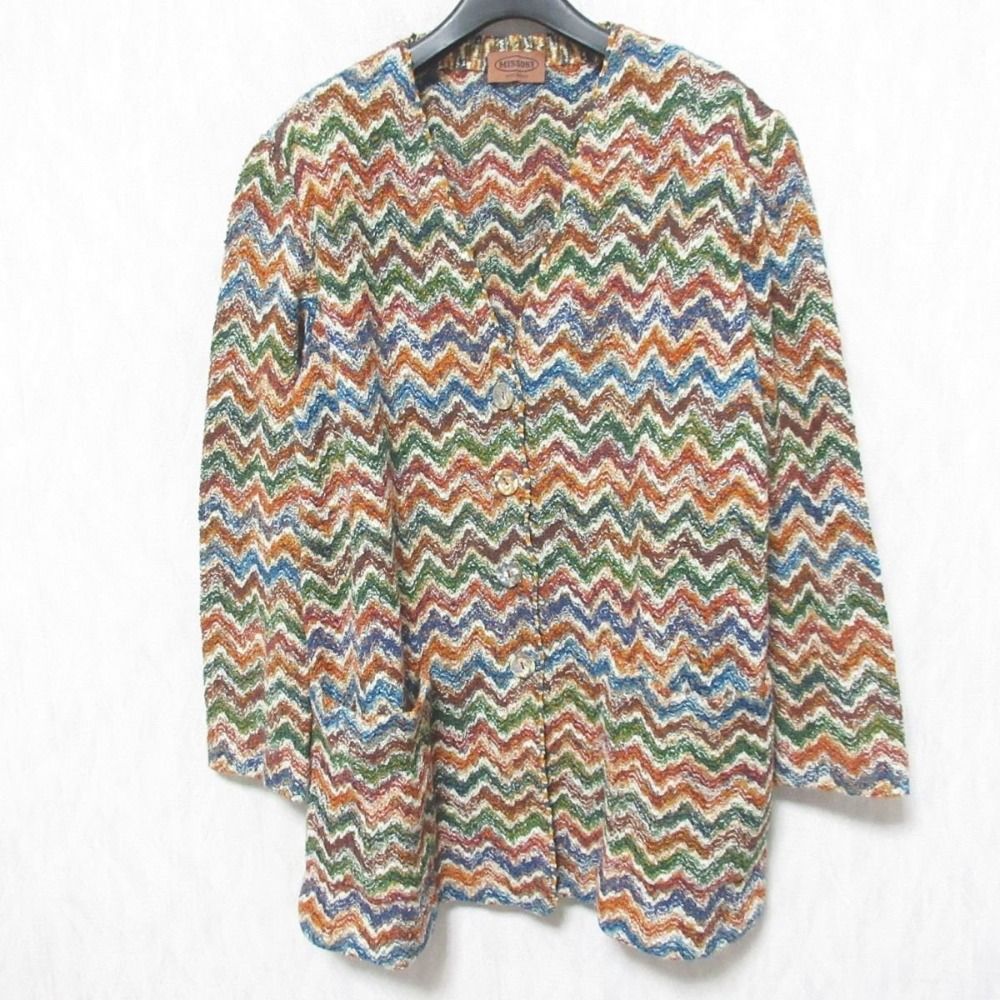 MISSONI ミッソーニ ヴィンテージ シェブロン ボーダー柄 ジグザグ ノー ニットジャケット カーディガン 44 マルチ レディース 古着